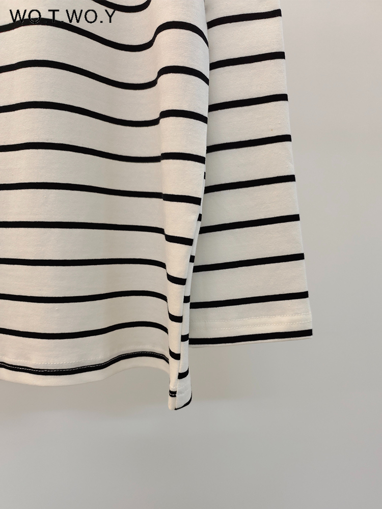 WOTWOY Casual Striped Oversized T Shirt Women Autumn Soft Cotton Tee Female Long sleeved Basic Loose Knitted Tops 220728