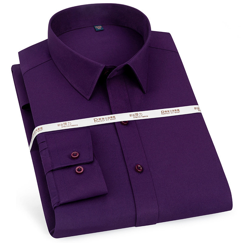 Male Long Sleeve Shirt Classic Solid Stretch Purple Red Casual Soft Pocketless Formal Office Work Menswear Non Iron Men Clothing 220322
