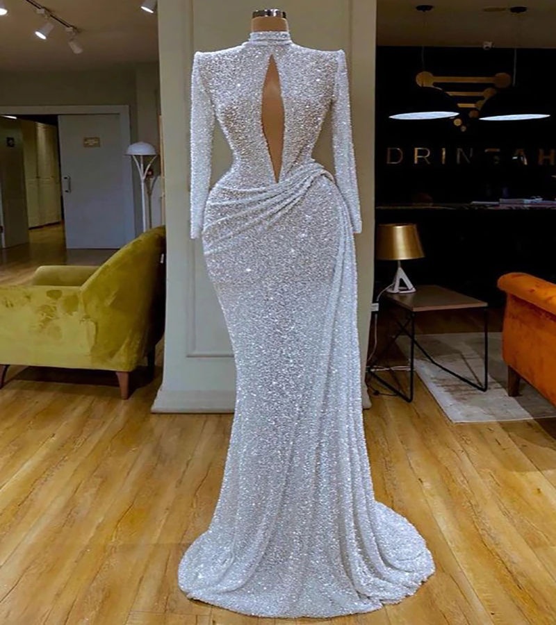 Glitter White Sequin Evening Dress 2022 Open Keyhole Front Mermaid Long Sleeve Prom Dresses For Black Girls Sparkly High Neck Night Formal Dress Women