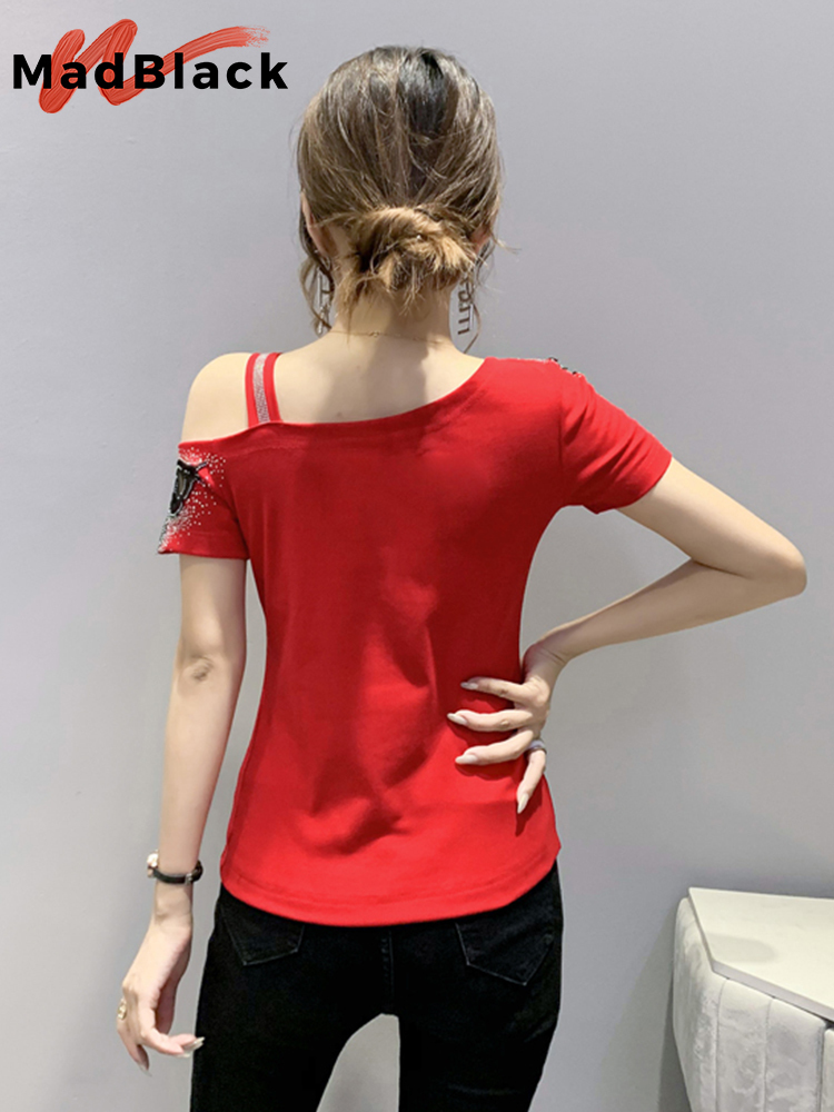 Summer Korean Style Cotton T-Shirt Chic Sexy Skew Collar Patchwork Mesh Love Shiny Diamonds Women Tops Short Sleeve Tees T16408A 220321