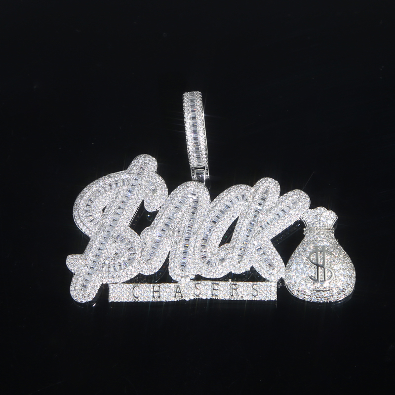 Iced Out Money Bag CZ Letter ACK Pendant Necklaces for Men Women Bling Cubic Zirconia Paved Charm Rapper Hip Hop Jewelry