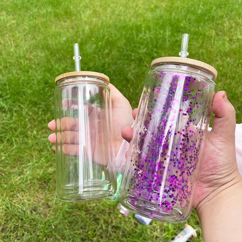 16oz double walled snow globe glass tumblers with bamboo lid short sublimation can cooler glasses cola beer cans fill glitter blingbling, Clear
16oz double walled snow globe glass tumblers with bamboo lid short sublimation can cooler glasses cola beer cans fill glitter blingbling, Clear