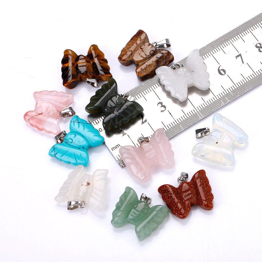 Natural Stone Carved Butterfly pendant necklace Opal Tiger's Eye Pink Quartz Crystal Chakra Reiki Healing Necklaces for women jewelry