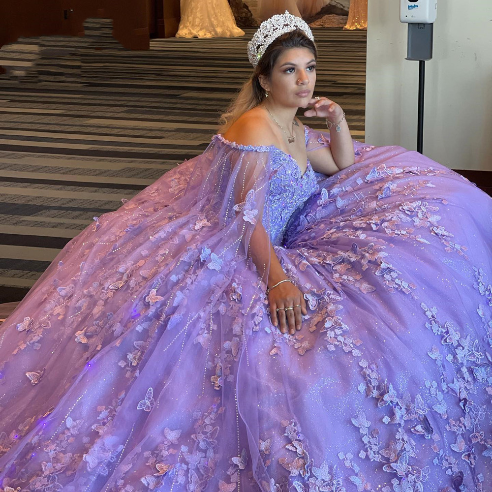 Lavender Lilac Applique Butterfly Quinceanera Dresses With sleeve Cape Off Shoulder lace-up Corset prom Sweet 15 Girls dress