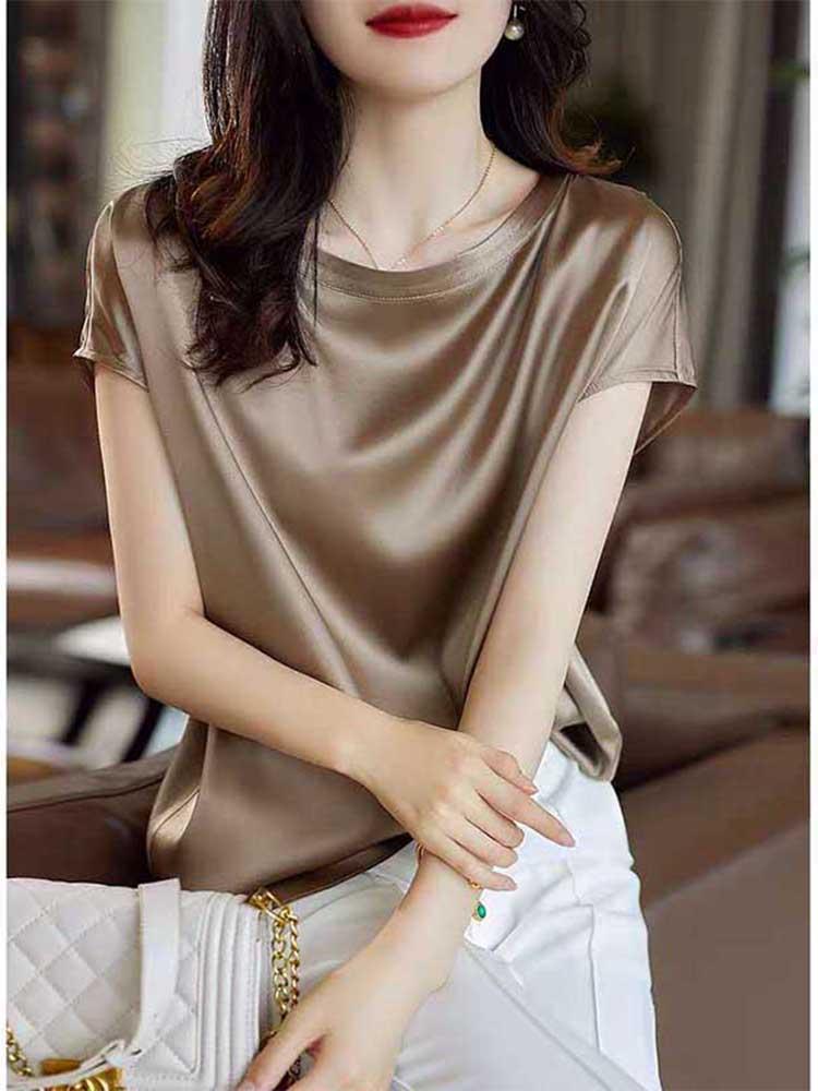 Women's T-Shirt Silk Thin Short Sleeve Tees Korean Style Slip Woman Summer Clothes Elegant Black Brown Tops Solid Loose CasualWomen's
Women's T-Shirt Silk Thin Short Sleeve Tees Korean Style Slip Woman Summer Clothes Elegant Black Brown Tops Solid Loose CasualWomen's