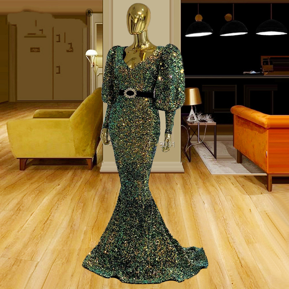 sparkly Woman Evening Dresses Dubai V Neck Long Train Party Night Vestido De Fiesta De Gala Green Sequins Arabic Prom Dress