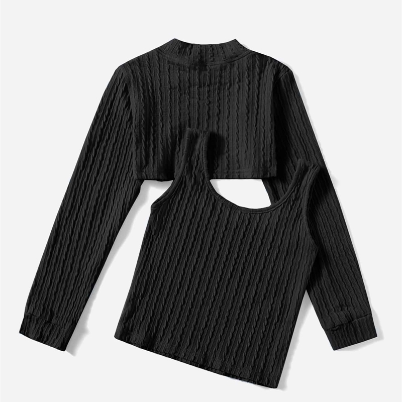 Girls Mock Neck Asymmetrical Hem Textured Top & Tank SHE