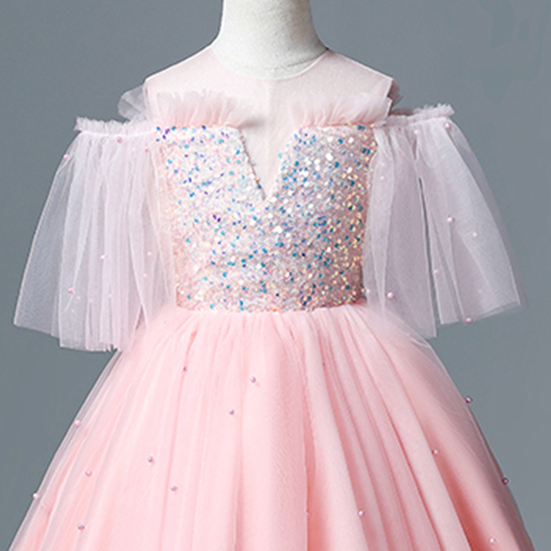 2022 blingbling Beautiful Pink Flower Dresses for Weddings sequined Pretty Formal Girls Gowns Cute Satin Puffy Tulle Pageant Dress Spring