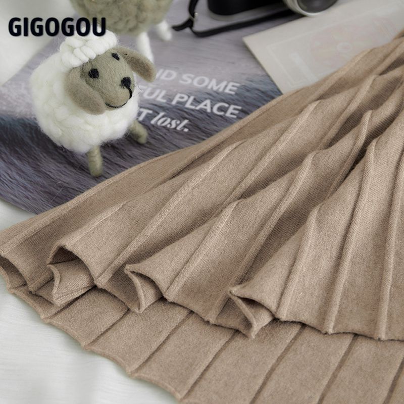 GIGOGOU Long Women Knitted A Line Skirts Autumn Winter Elastic High Waist Pleated Skirt Highstreet Midi Femme 220317