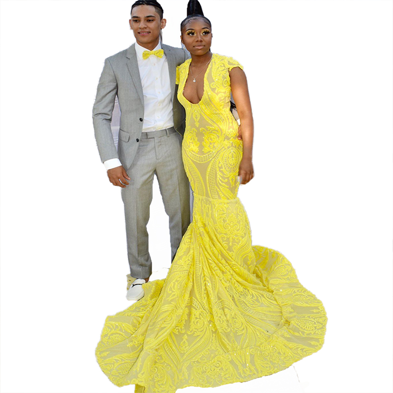 Black Girls Yellow Mermaid Prom Dress 2022 Deep V Neck Plus Size African Evening Dress Cap Sleeves Formal Dubai Special Occasion Women Wear Aso Ebi Pa