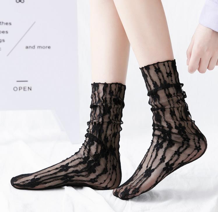 Women Lace Ankle Socks Sheer See Through Slouch Sock Transparent Loose Socks Vintate Floral Midle Stockings