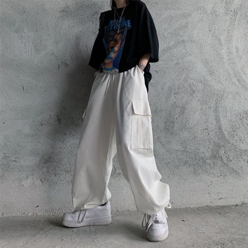 QWEEK Harajuku White Cargo Pants Women Vintage HIgh Waist Hip Hop Streetwear Pockets Straight Joker Black Trousers For Female