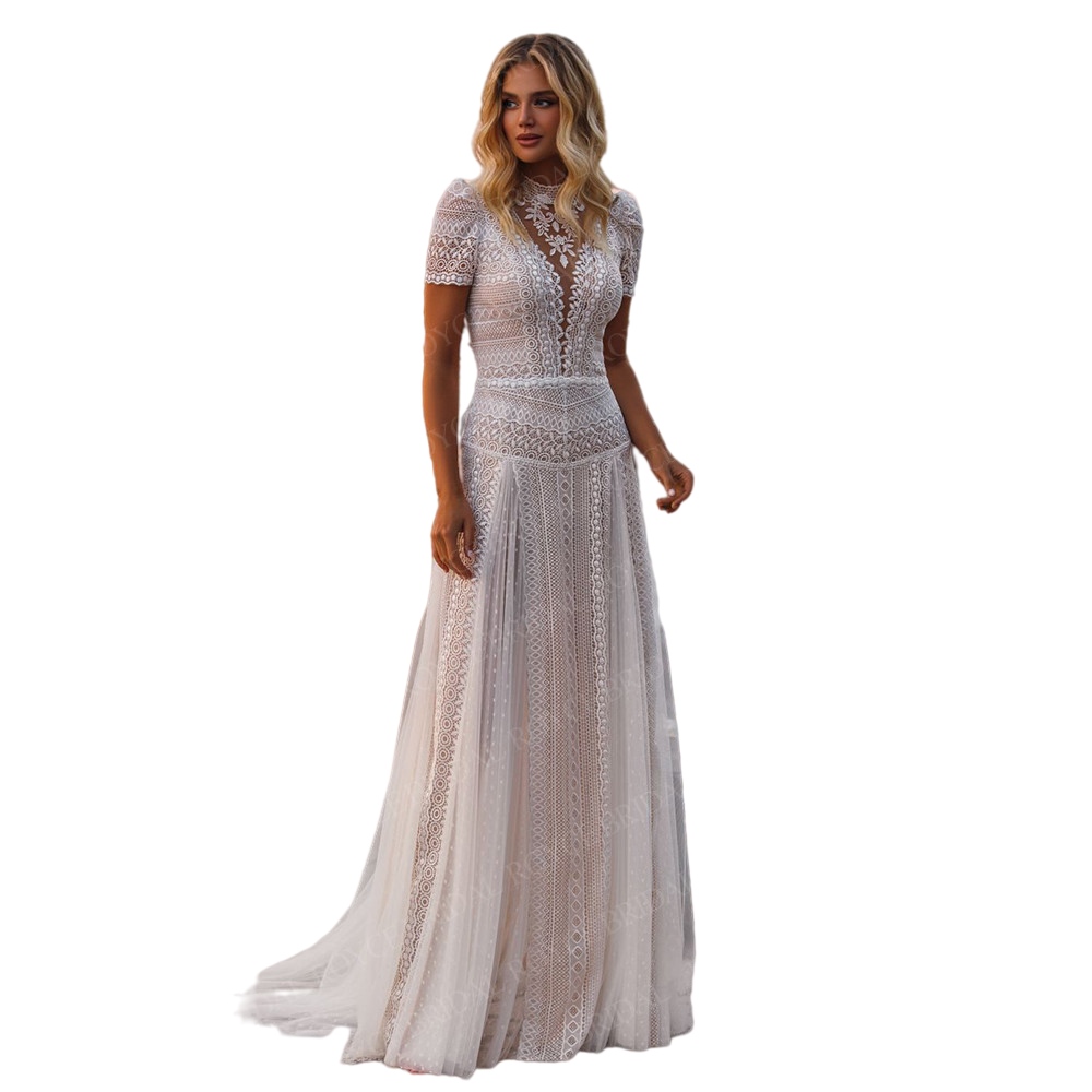 Bohemian Lace Wedding Dresses High Neck vestido de novia con manga corta Vintage Beach Wedding Gown for Bride 2022 Sweep Train