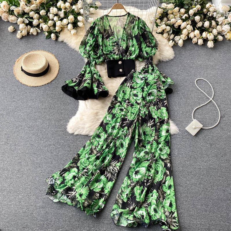 Women's Two Piece Pants Summer Fashion Blouse Flared Sleeves Three-dimensional Ruffled Wide-leg Fashionable Two-piece Suit GL243, Green
Women's Two Piece Pants Summer Fashion Blouse Flared Sleeves Three-dimensional Ruffled Wide-leg Fashionable Two-piece Suit GL243, Green