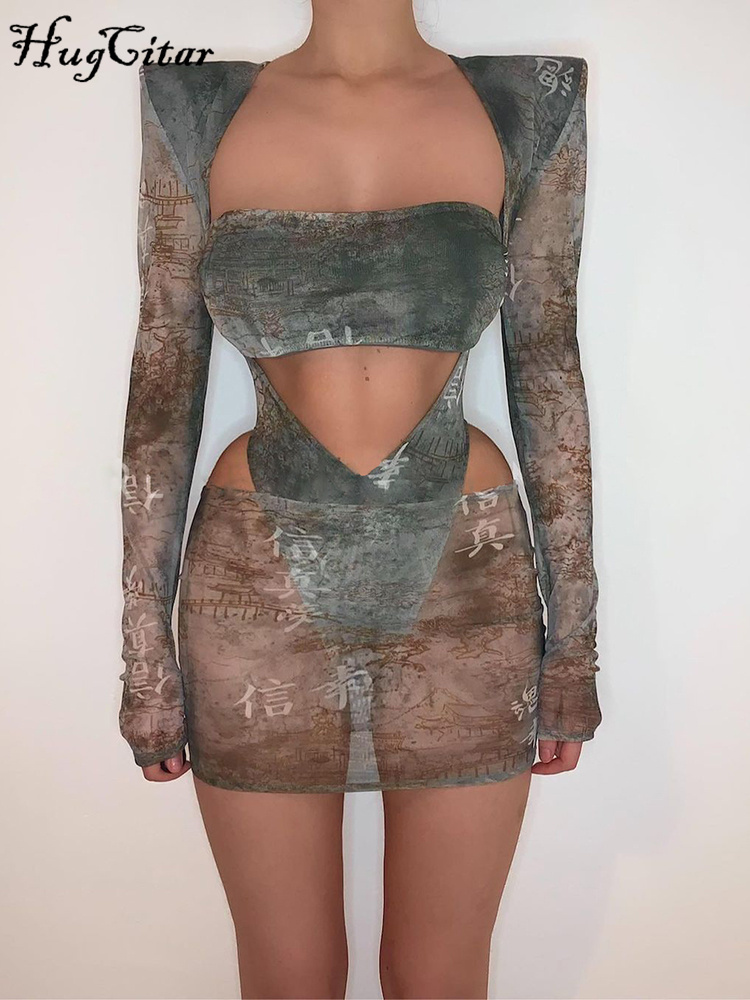 Hugcitar 2 Pieces Mesh Chinese Print Sleeves With Shoulder Pads Bodysuit Skirt Or Leggings Matching Set Sexy Elegant Y2K, Multi
Hugcitar 2 Pieces Mesh Chinese Print Sleeves With Shoulder Pads Bodysuit Skirt Or Leggings Matching Set Sexy Elegant Y2K, Multi