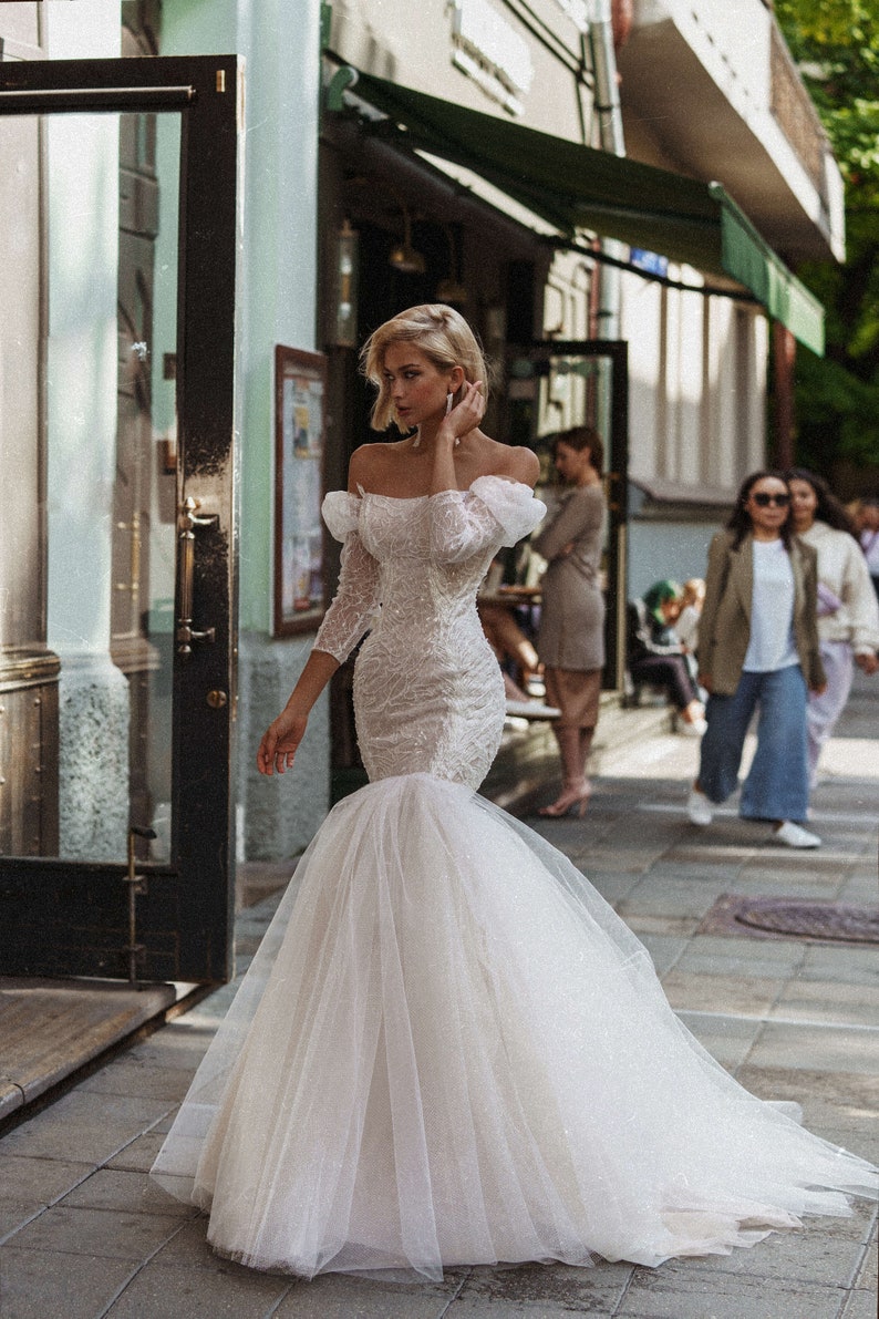 Fishtail Mermaid Beach Wedding Dresses Off Shoulder Long Sleeve Lace Tulle Outdoor Bohemian Bridal Gown vestidos de novia pegados