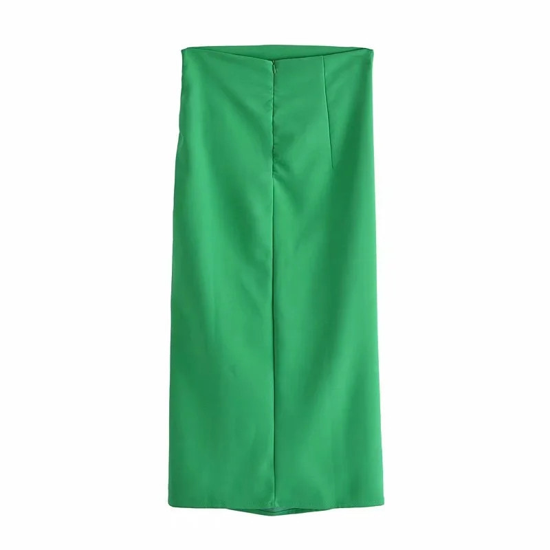 TRAF Green Long Skirts Woman High Waist Pencil Women Elegant Pleats Midi White Black Summer With Side Slit 220317