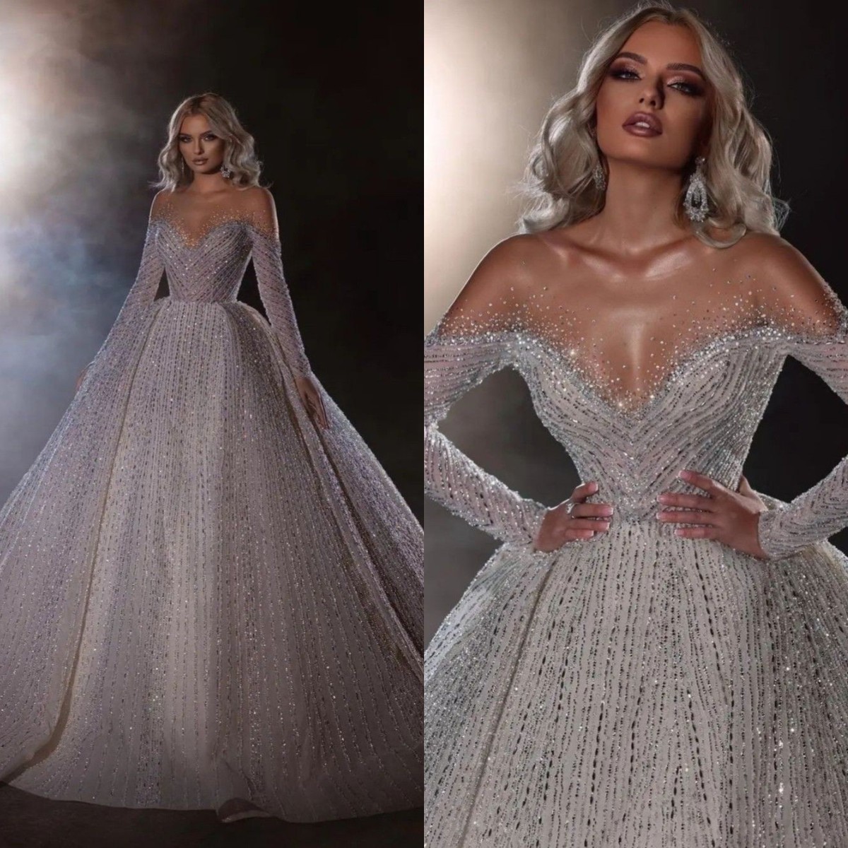 Wedding Elegant Dresses for Bridal Gowns 2022 Sheer Neckline Sequin Long Sleeved Charming A Line Beading Vestido De Novia