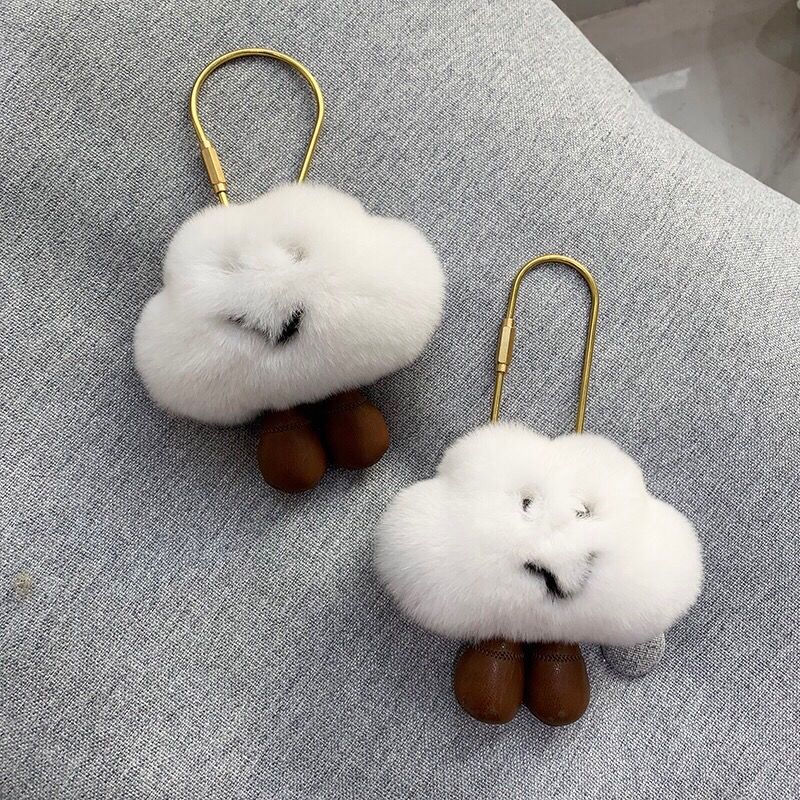 Cute Key Rings Real Rex Fur White Cloud Smile Face Bag Pendant Keychain