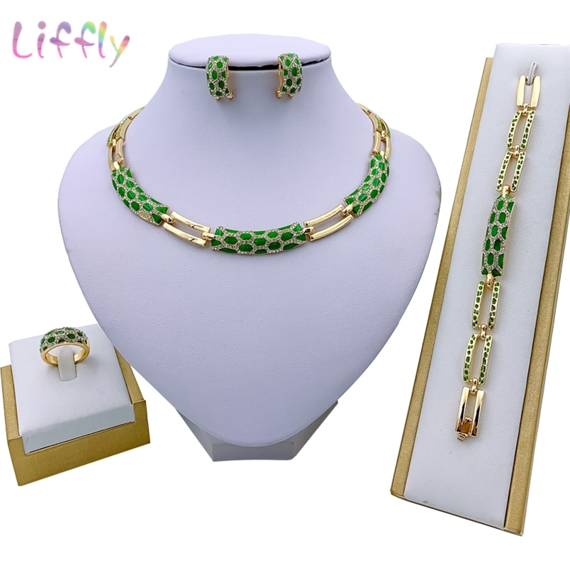 Dubai Womens Jewelry Fashion Green Necklace Bracelet Banquet Elegant women Earrings Ring Crystal Sets 220812