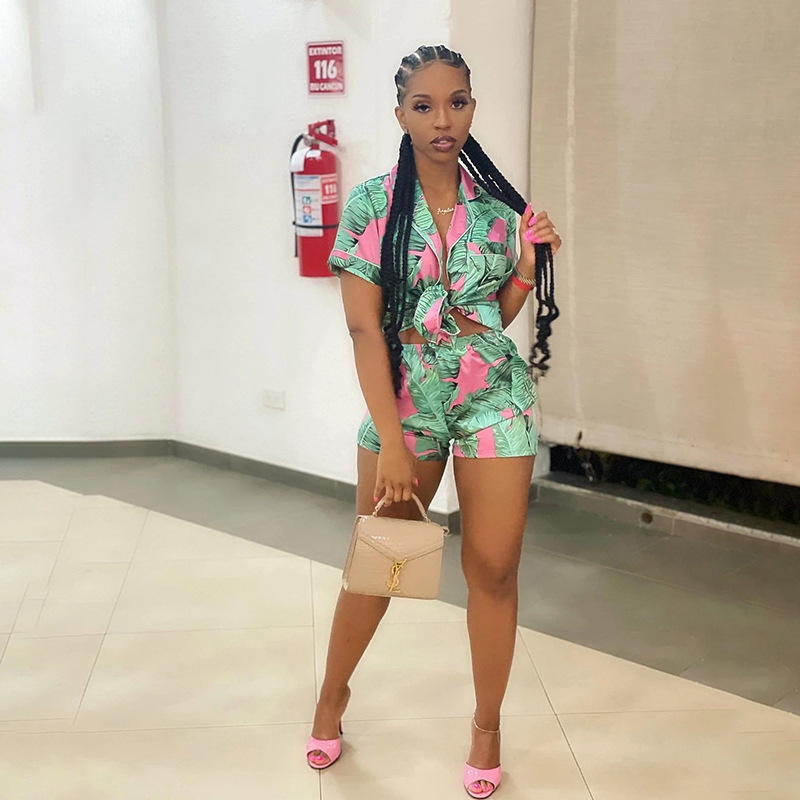 HAOYUAN Leaves Print Two Piece Set Women Short Sleeve Button Shirts Tops and Biker Shorts Sexy Vacation Outfits Matching Sets 220707