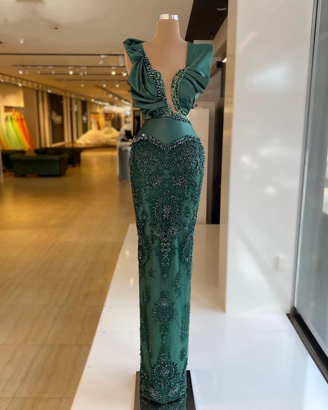 Green Beading Mermaid Evening Dress V Neck Custom Made Women Party Gown Crystal Lace Sequined Prom Robe