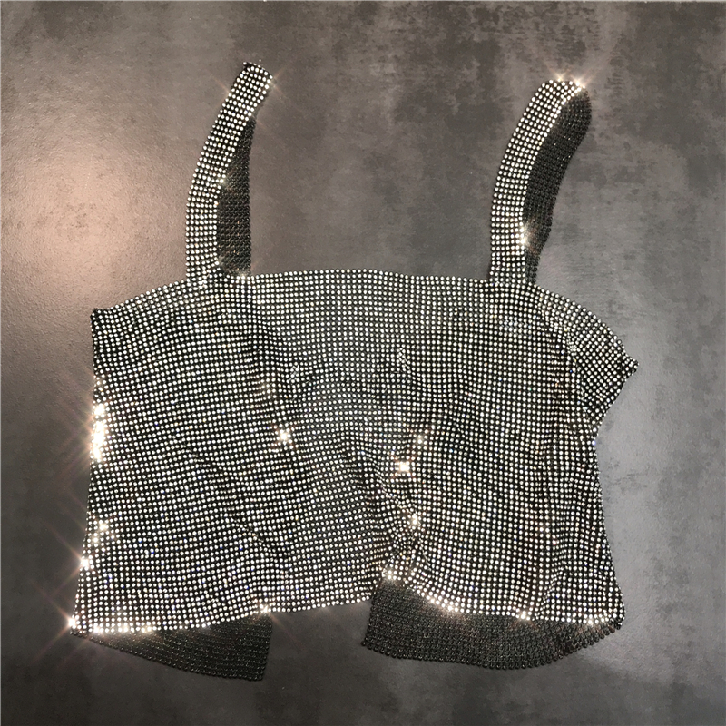 New fashion womens sexy club party full rhinestone patched bck hollow out shinny bling spaghetti strap vest crop top tank camisole