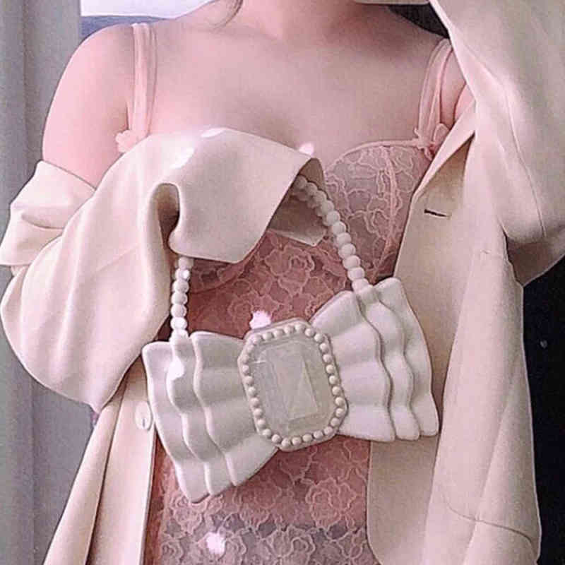 Evening Bags Brands Bow Jelly Women Handbag Cute Beading Handle Clutch Sweet Pvc Hand and Purse Big Diamonds Party Lady Ins 220507