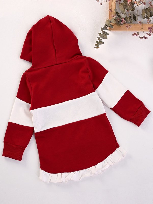 Baby Contrast Panel Kangaroo Pocket Ruffle Hem Hoodie Dress SHE