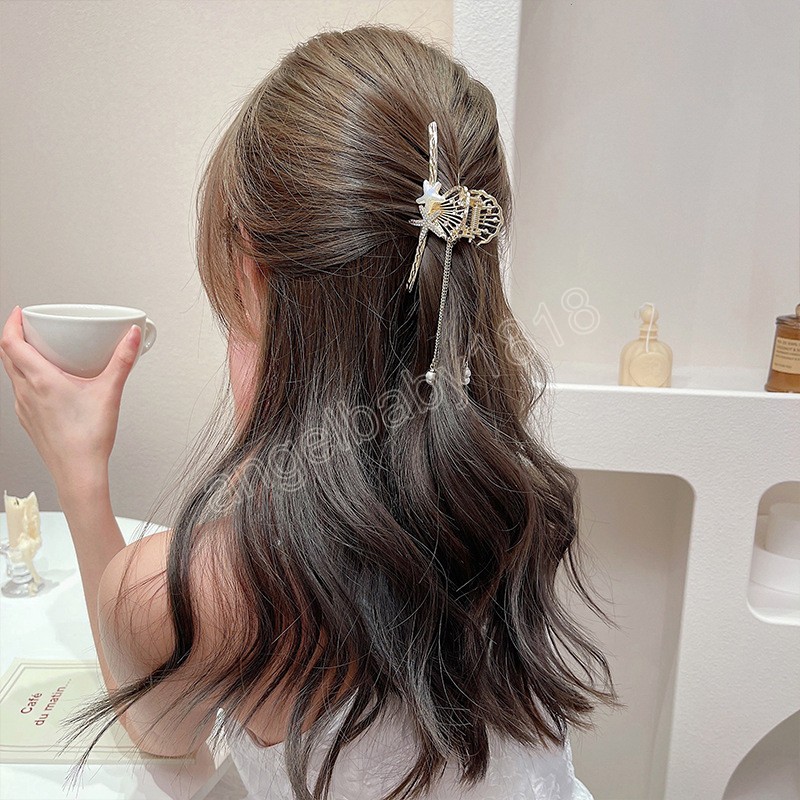 Elegant Hair Clip Shiny Shell Butterfly Tassel Hair Claw Sweet Chinese Style Ponytail Clipa Headwear Gifts