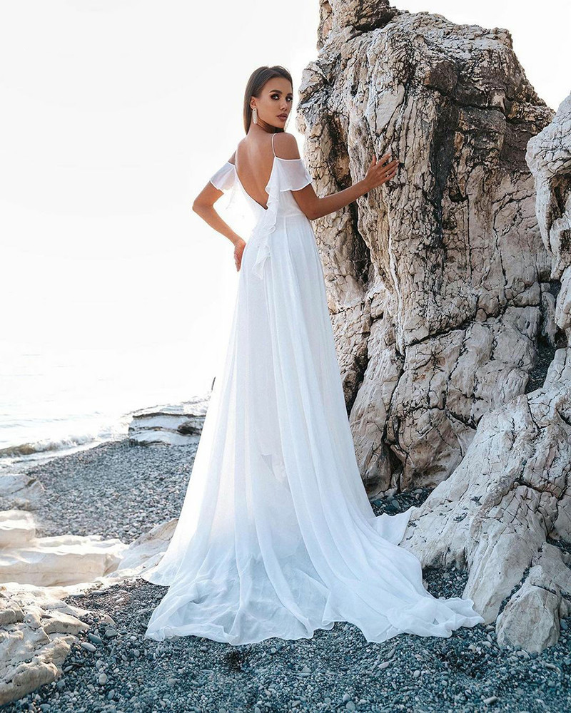 Vintage White Chiffon Ruffles Wedding Dress Summer Long Boho Bridal Gowns 2022 Off The Shoulder Formal Robe De Mariée Open Back Beach Bride Dresses