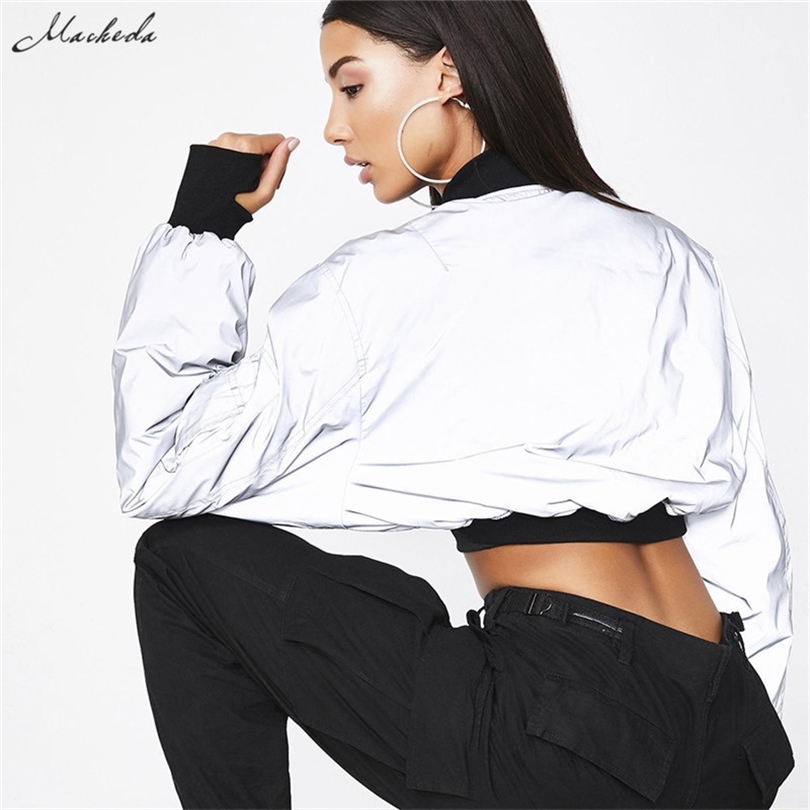 Macheda Women Short Coat Long Sleeve Zipper Bomber Jackets Gray Reflective Coat 2018 New Sale Female Casual Cropped Top T200111