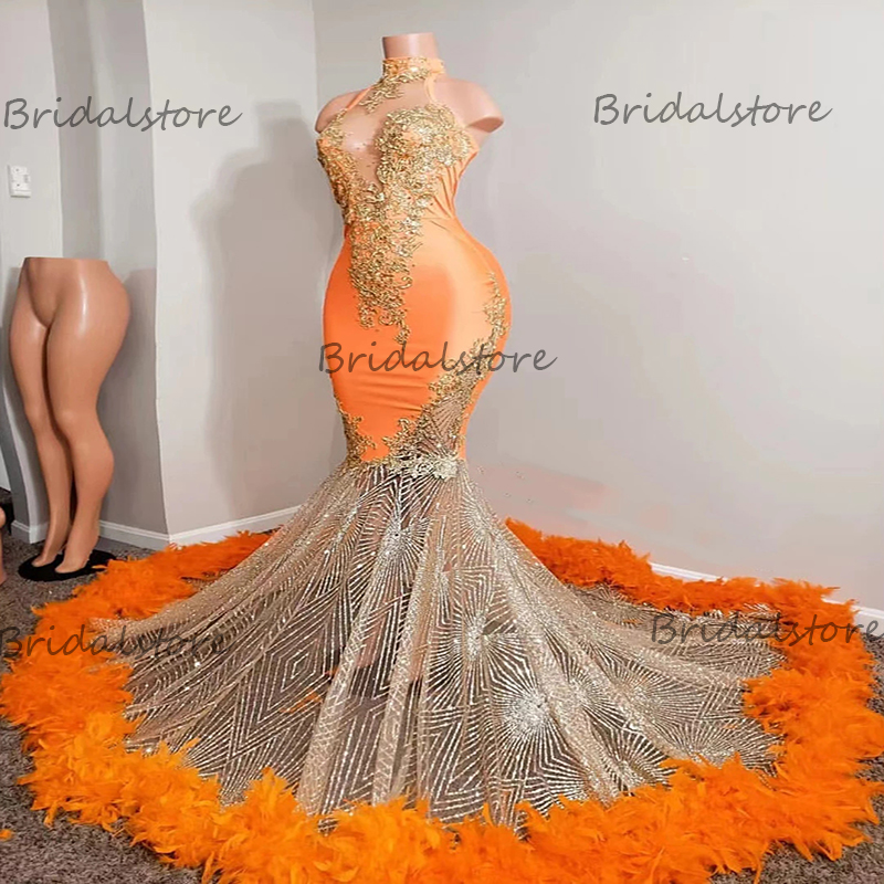 Luxury Mermaid Orange Prom Dresses Feather 2022 For Black Girls Aso Ebi Plus Size African Evening Dress With Sequined Trumpet Reception Party Gowns Ro