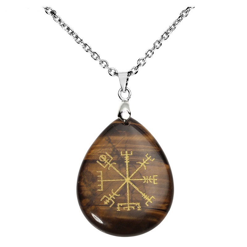 Viking Symbol Rune Vegvisir Compass Talisman Chakra Reiki Healing Crystal Teardrop Tumbled Gem Stone Pendant Necklace Jewelry