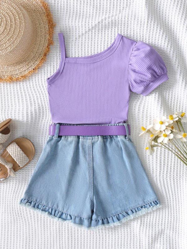 Toddler Girls Asymmetrical Neck Top & Raw Trim Belted Denim Shorts SHE