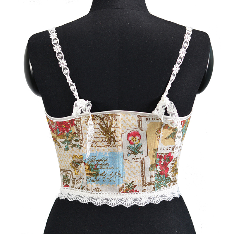 Women Bloom Garden Printed Lace Camis Bustier Crop Fashion Linen Tanks Vintage Plastic Boned Overbust Cropped Corset Tupe Tops Cyber Baby Tee Ropa Fai