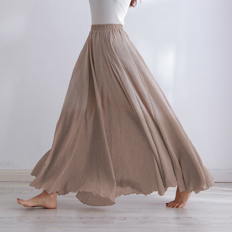 High Quality Cotton Linen Maxi Skirt Womens Casual Elastic Waist Pleated A-Line Beach Skirts Boho Saia Feminina Faldas Jupe 220322