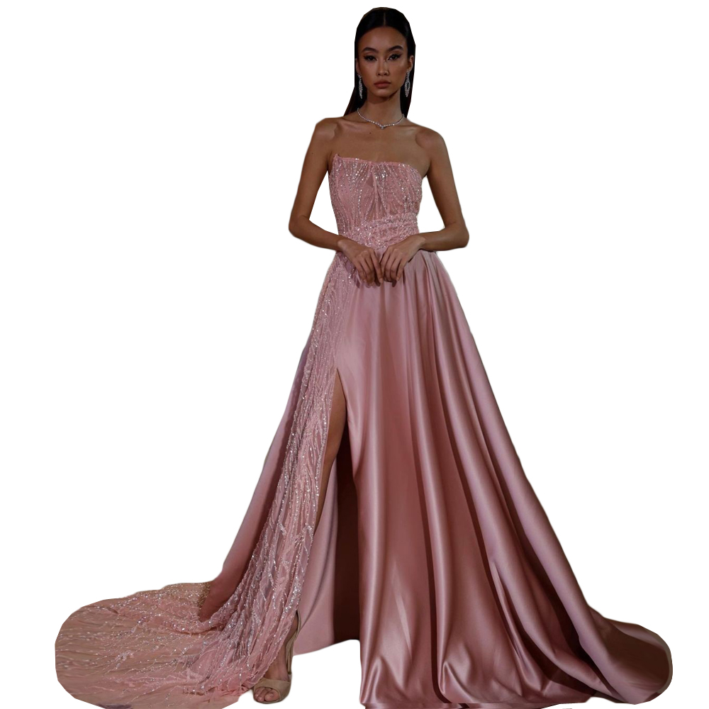 Elegant Satin Mermaid Evening Dress Strapless Illusion Sequined Lace Custom Made Women Party Gown High Split Prom Robe