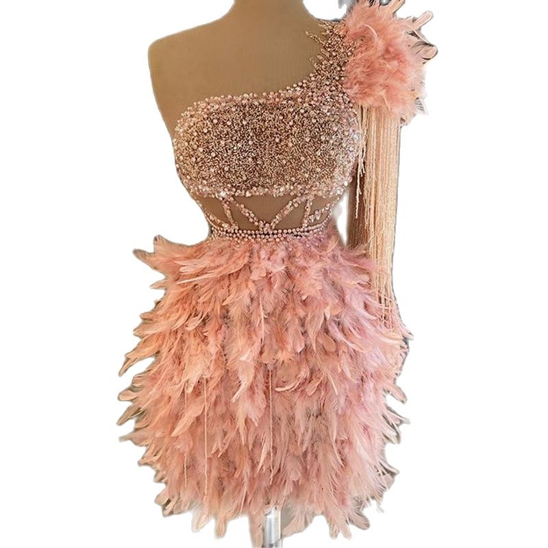 Pink Feathers Beading Cocktail Dresses Mini Short Prom Dress for Girls One Shoulder Sparkle Tassels Evening Dresses