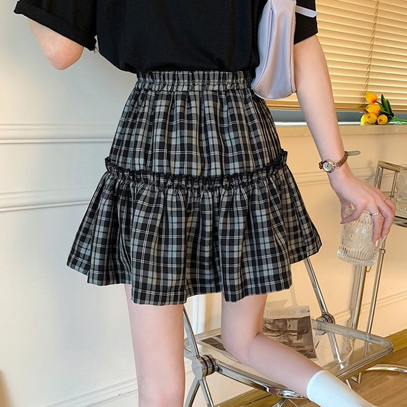 HOUZHOU Kawaii Gothic Lolita Plaid Skirt Women Goth Bow Black High Waist A-line Mini Skirts Japanese Style Harajuku Soft Girl 220317