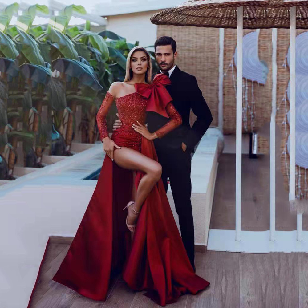 Elegant Dark Red Mermaid Evening Dresses Stunning Off-the-Shoulder Mermaid Prom Dress Ruffles with High Split Long Vestidos De Fiesta Formal
