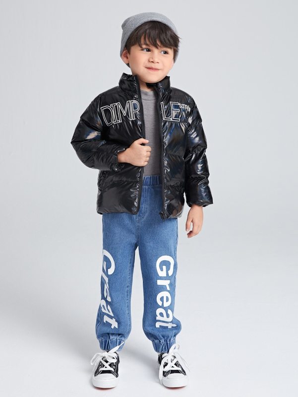 Toddler Boys Letter Embroidery Zipper Puffer Coat SHE