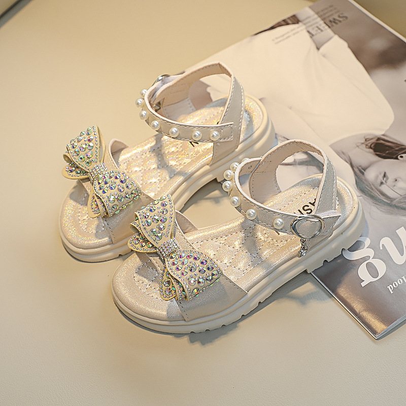 Size 26-36 Children Bowknot Pearl Princess Shoes For Girls Soft Sole Crystal Beach Shoes For Kids Girls Open-toe Light Sandals 220331