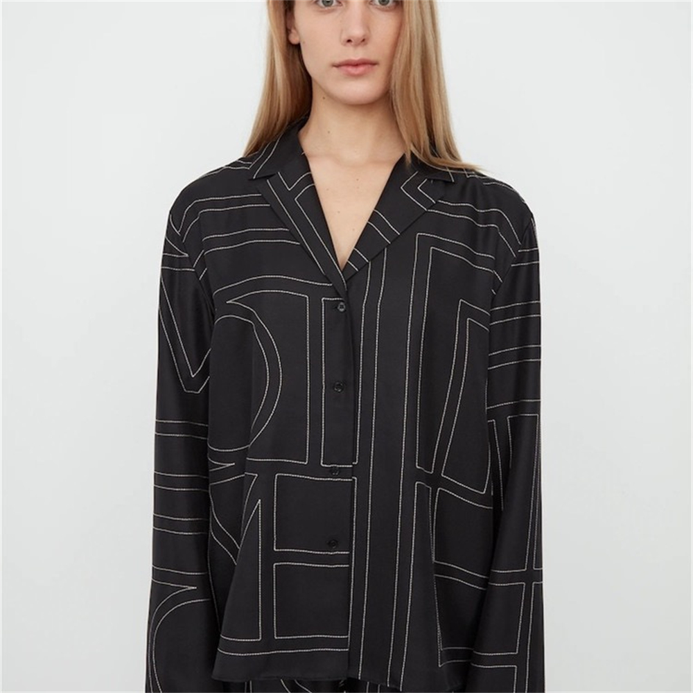 

Toteme Shirt Spring Fall Summer Women Blouse 100% Silk Logo Embroidery Nighty Pajamas Oversize Casual Style, Black