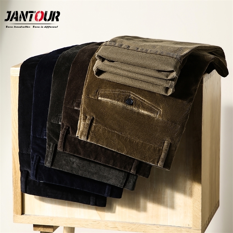 Jantour Autumn Winter Corduroy Pants Men Fashion Elastic Blue Brown Straight Trousers For Classic Big size 35 38 40 42 220330