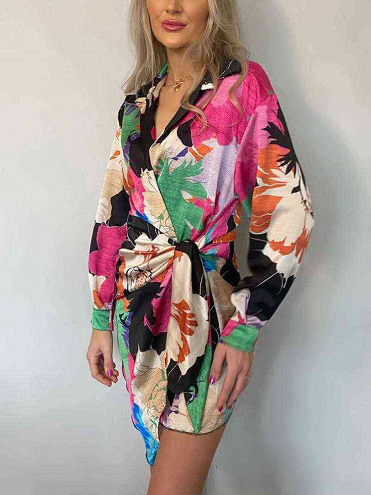 Women Sexy Satin Printed Dress 2022 Summer Fashion Ladies High Street Lace Up Dress Female Deep V Neck Lantern Sleeve Mini Robe T220818