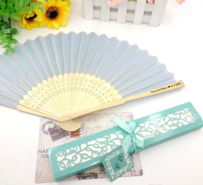 Light Blue Silk Fabric Hand Fan Customized Wedding Party Decoration Favors Small Foldable Fans Printing Text