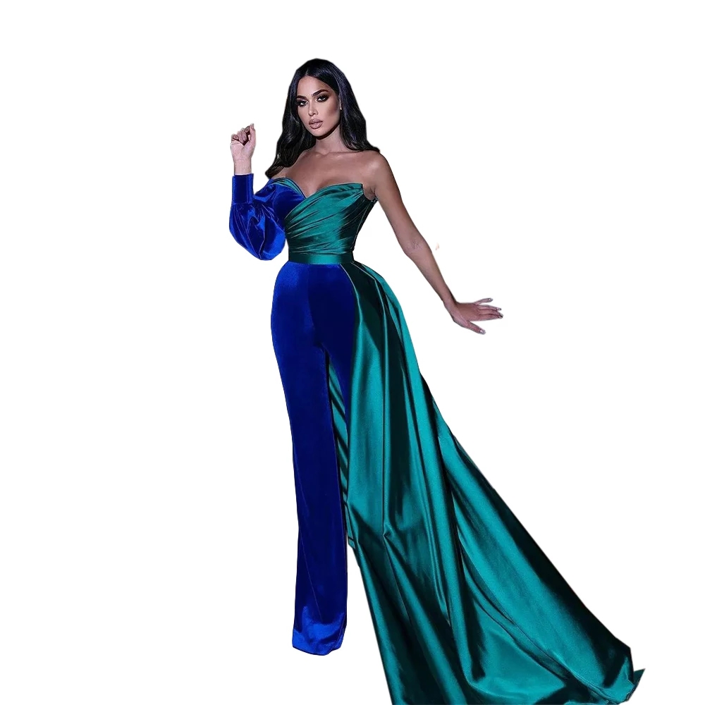 Velvet And Stain Evening Jumpsuit with Detachable Train Pleated One Shoulder Long Sleeve Arabic Prom Dress Pant Suit