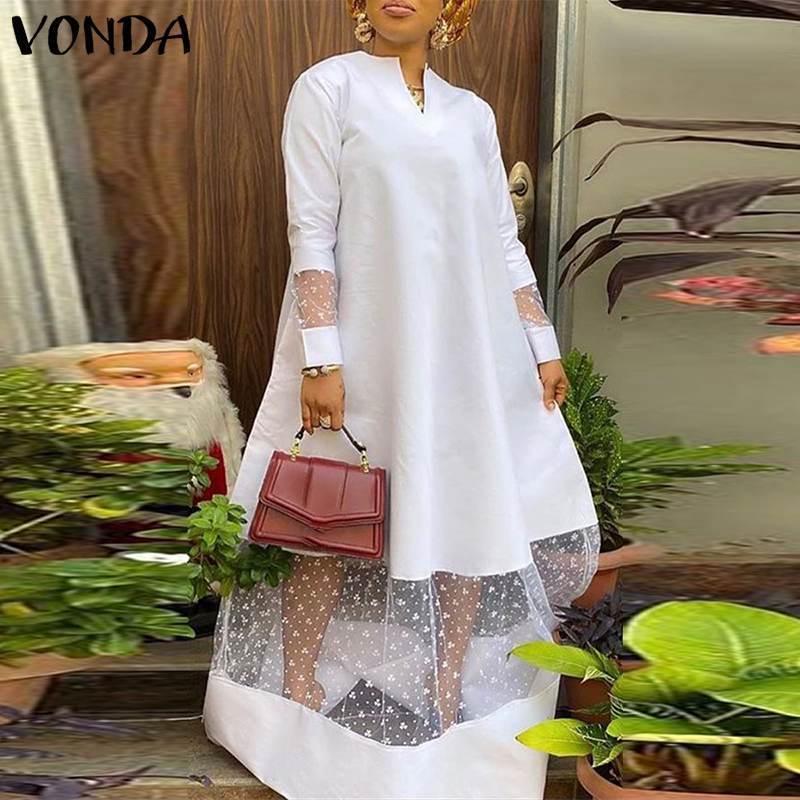 Bohemian Maxi Long Dress Women V Neck Sleeve Patchwork Lace VONDA Vintage Polka Dot Baggy Vestido Oversized 220721, Rose red
Bohemian Maxi Long Dress Women V Neck Sleeve Patchwork Lace VONDA Vintage Polka Dot Baggy Vestido Oversized 220721, Rose red