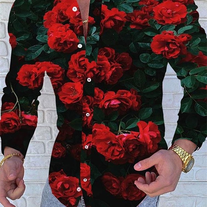 Men Shirt Long Sleeve Floral Print +The Red Flower Clothing Autumn Streetwear Casual Fashion 220322